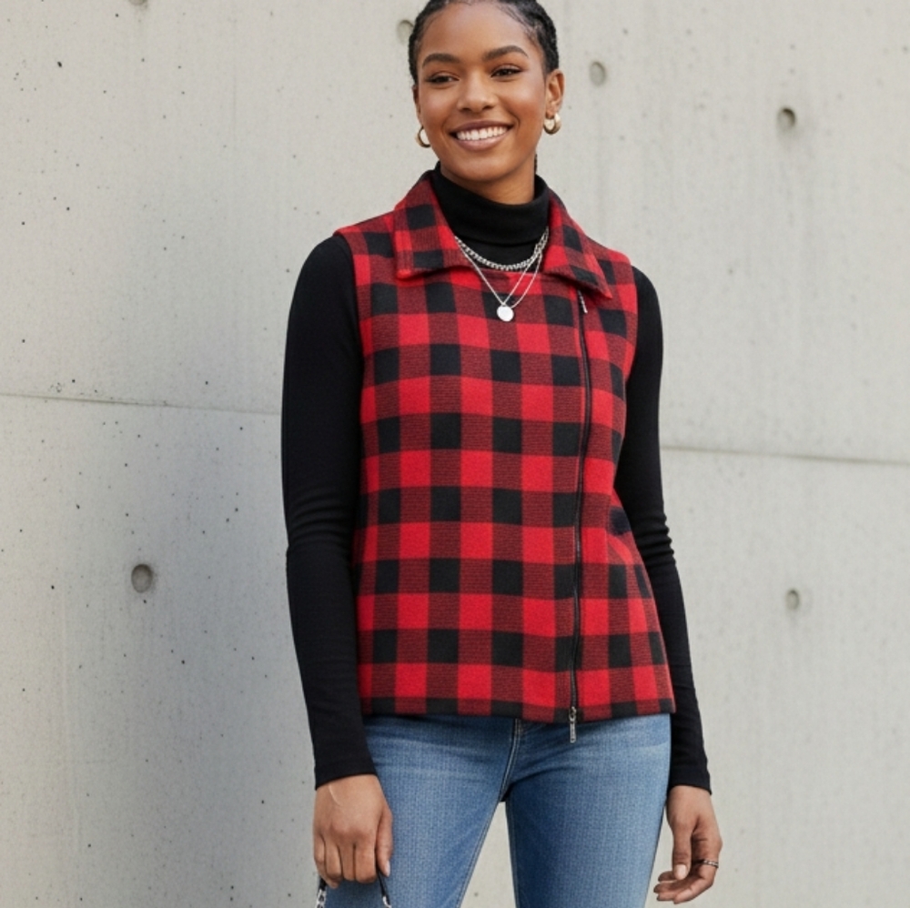 Chaps Red Black Buffalo Plaid Zip Front Vest Size 1X Sleeveless Layering Piece